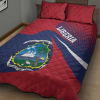 Liberia quilt bed set, red and navy diagonal stripes with round crest and 'LIBERIA' on bed