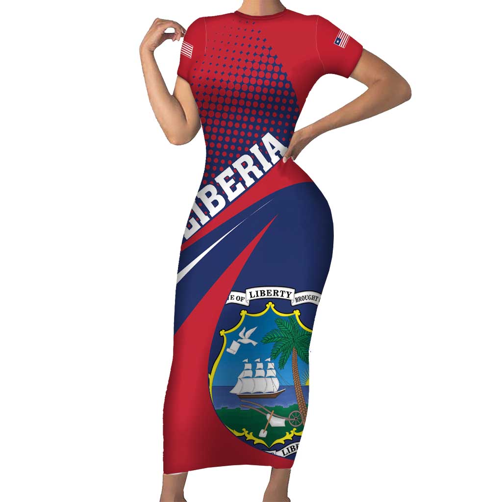 Liberia Coat Of Arms Short Sleeve Bodycon Dress Red Version - Wonder Print Shop