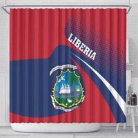 Red shower curtain with Liberia lettering, coat of arms, and blue diagonal stripe