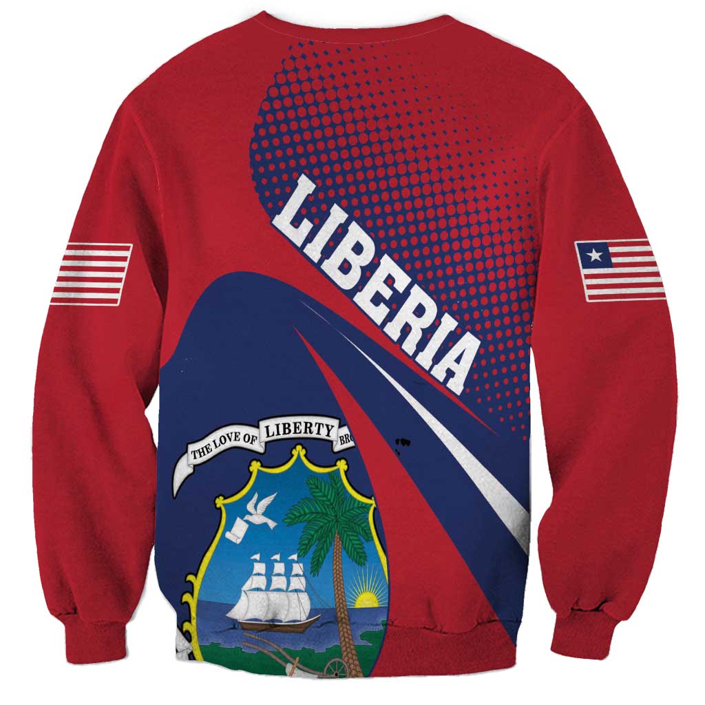 Red crewneck sweatshirt with 'LIBERIA' print and crest graphic on back