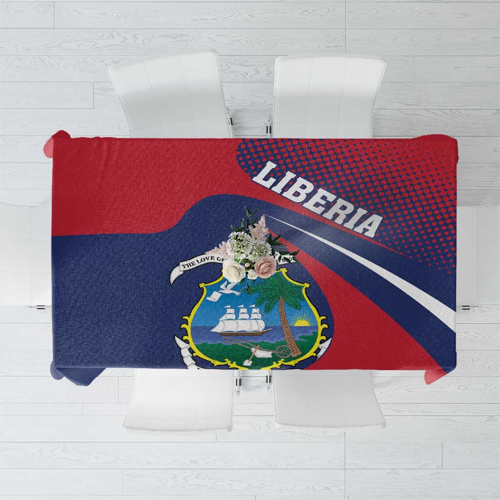 Rectangular Liberia crest tablecloth in red, navy blue, and white with flag-style stripes