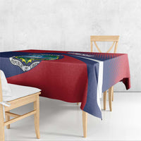 Liberia flag tablecloth draped over a table, red and navy with coat of arms emblem