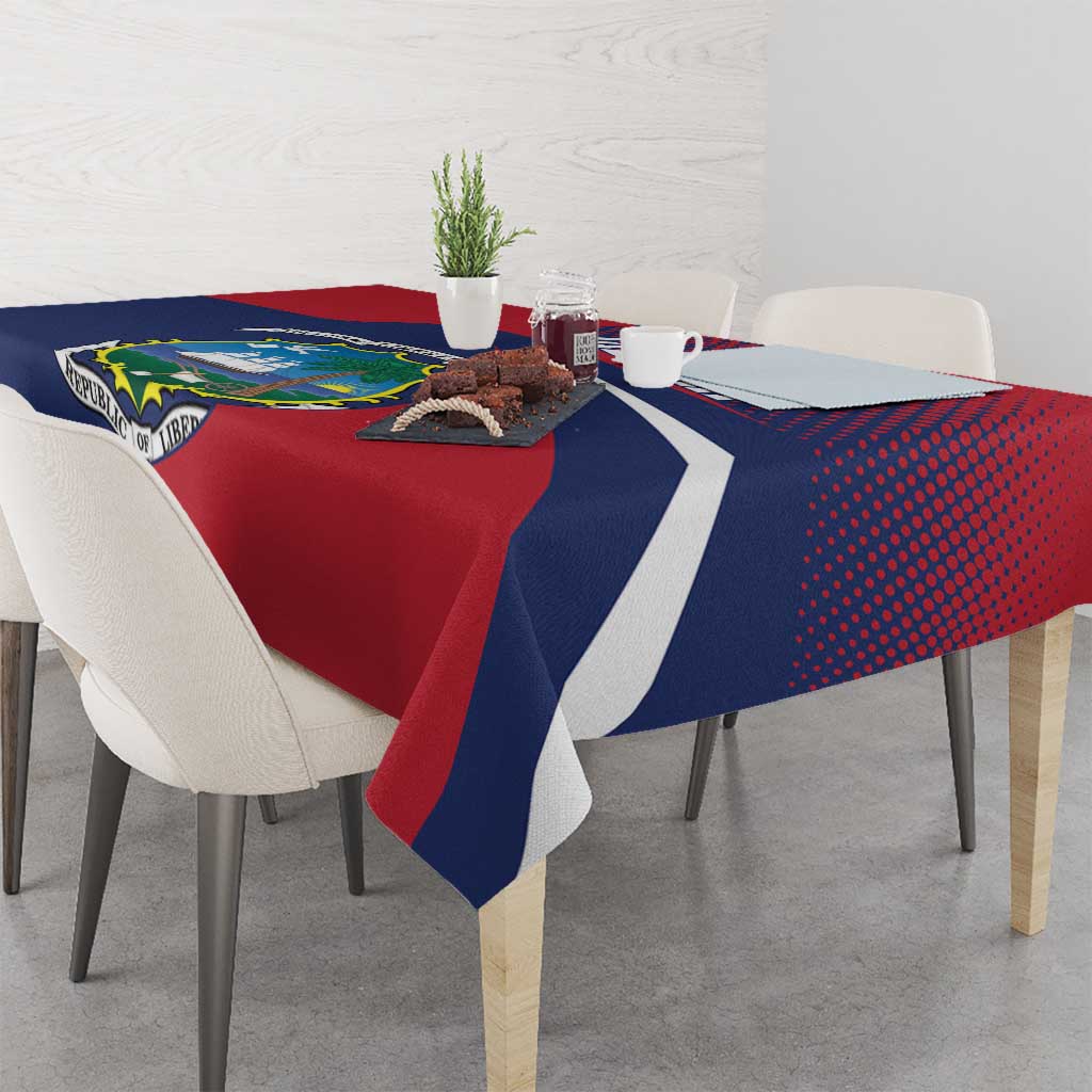Square Liberia coat of arms tablecloth with red, navy blue, and white diagonal stripe design