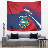 Red and blue Liberia coat of arms tapestry wall hanging with centered seal and diagonal stripes.