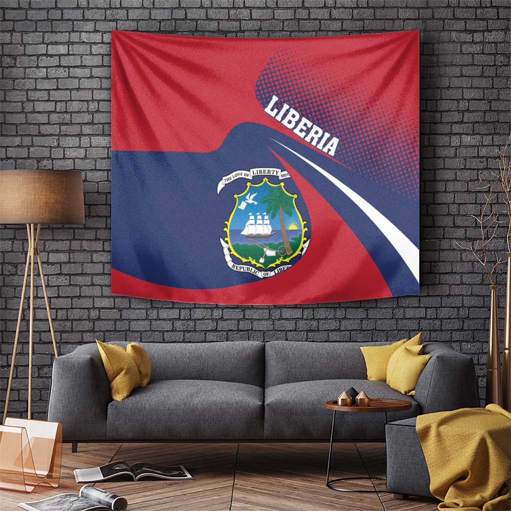 Red and blue Liberia coat of arms tapestry wall hanging with crest emblem and angled stripes.
