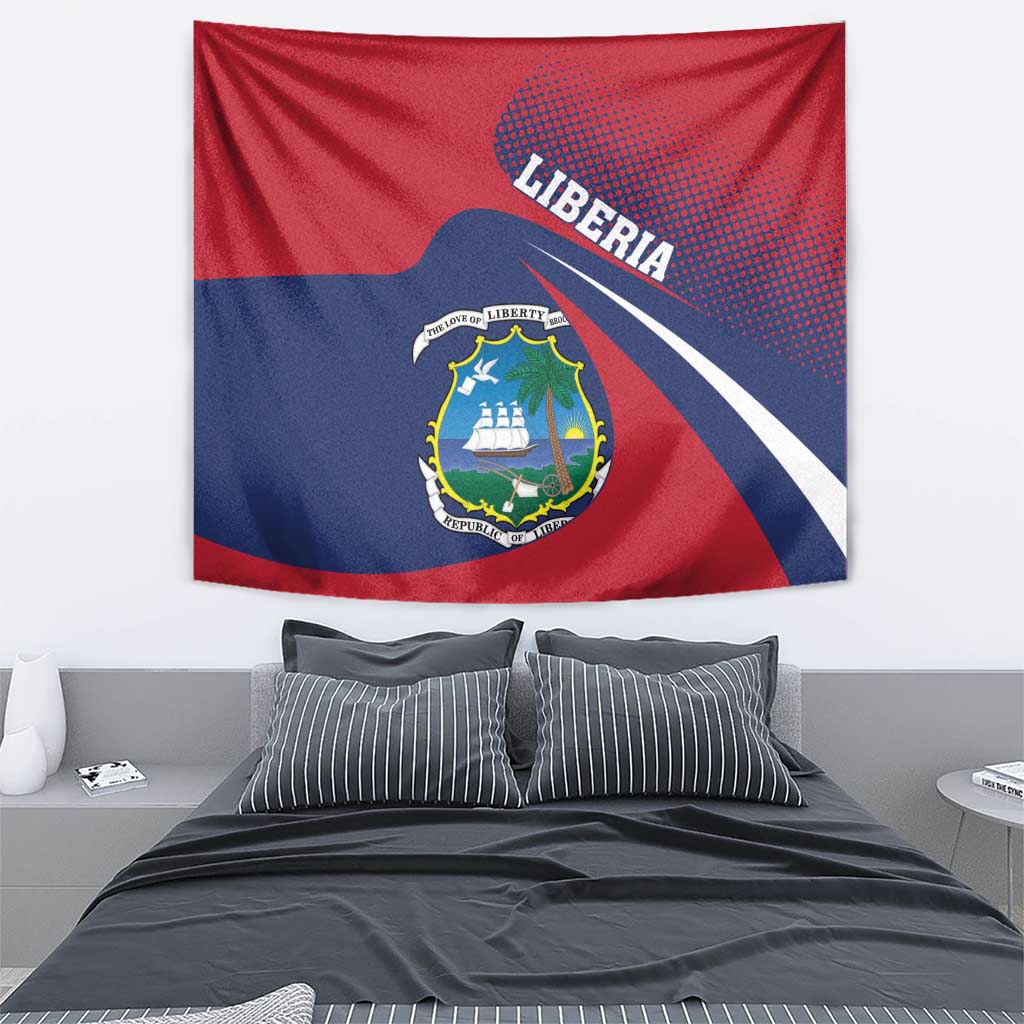 Red and blue Liberia coat of arms tapestry wall hanging with centered seal and sweeping diagonal band.