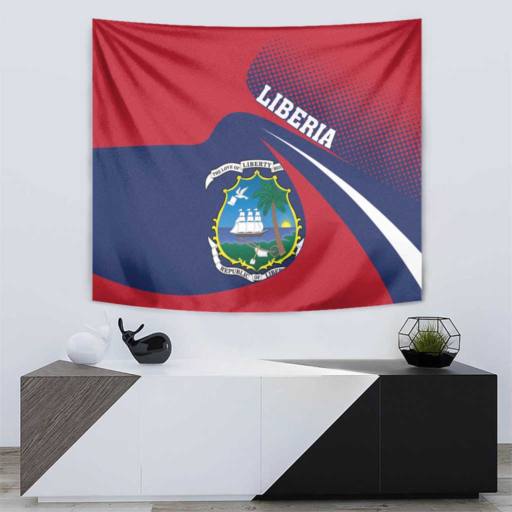 Red and blue Liberia coat of arms tapestry wall hanging with crest seal, “LIBERIA” text above.