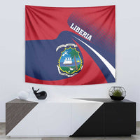 Red and blue Liberia coat of arms tapestry wall hanging with crest seal, “LIBERIA” text above.