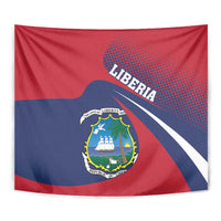 Red and blue Liberia coat of arms tapestry wall hanging close-up of crest seal and banner.