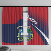 Red window curtain pair with Liberia coat of arms shield and diagonal tricolor stripes