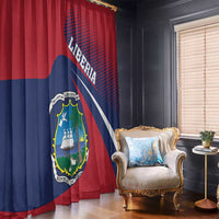 Red window curtain panel with Liberia coat of arms crest and bold navy diagonal stripe
