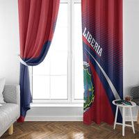 Red window curtain panel with Liberia coat of arms shield and navy tricolor stripe