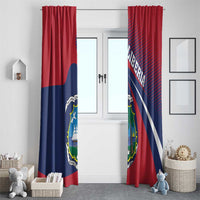 Red window curtain pair with Liberia coat of arms crest and diagonal navy-striped flag