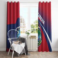 Red window curtain pair with Liberia coat of arms design and top hook ring tabs