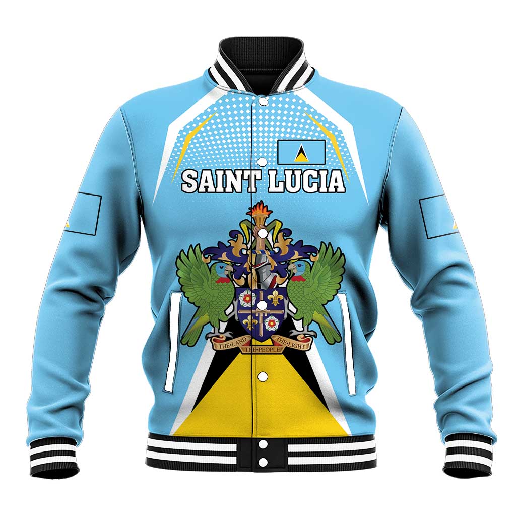 Personalized Saint Lucia Coat Of Arms Baseball Jacket Sent Lisi Flag Style - Wonder Print Shop