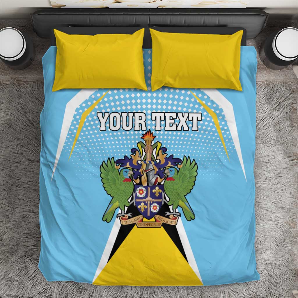 Light blue duvet cover with coat-of-arms crest, yellow pillow shams and editable text