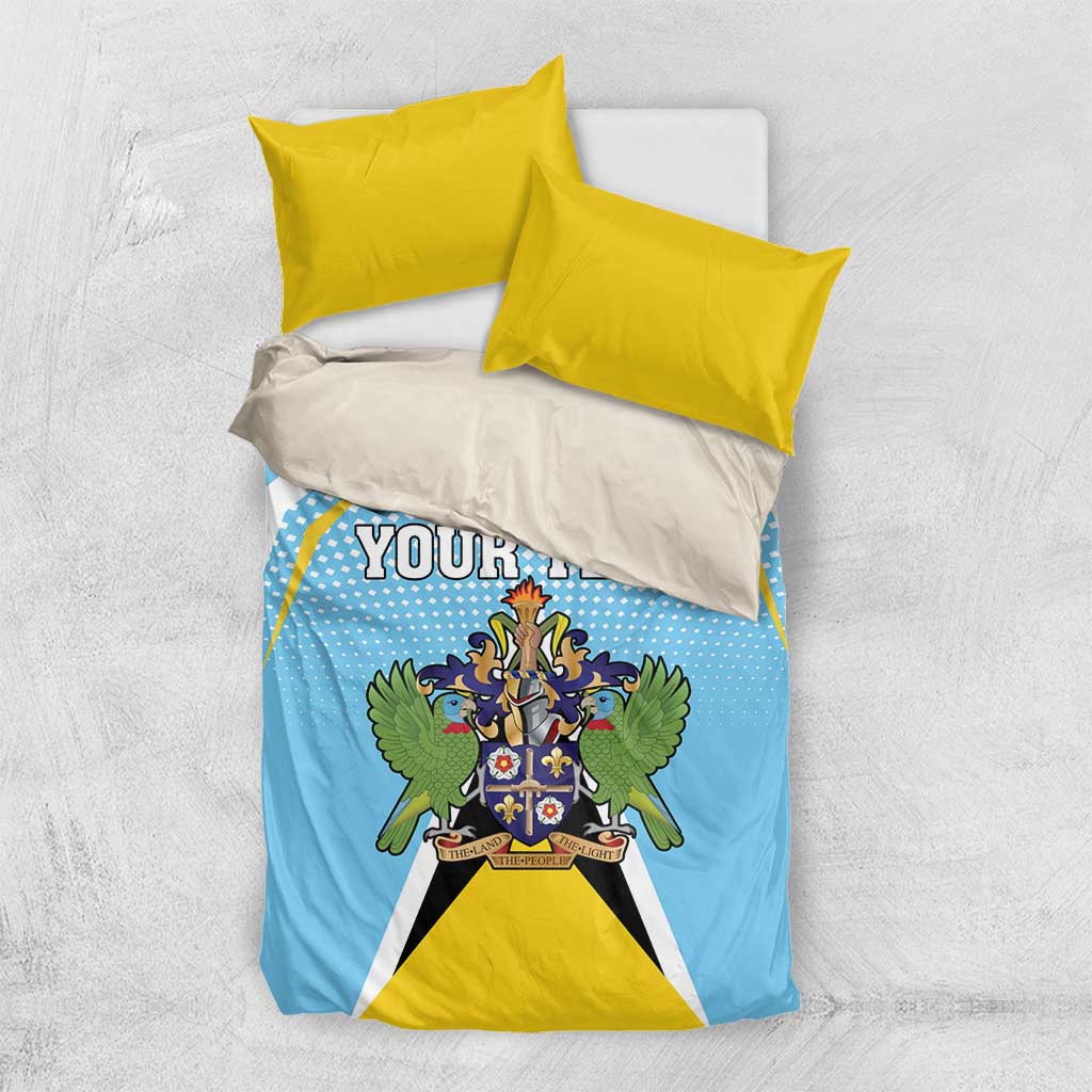 Blue duvet cover with coat-of-arms crest, yellow pillow shams and personalized text