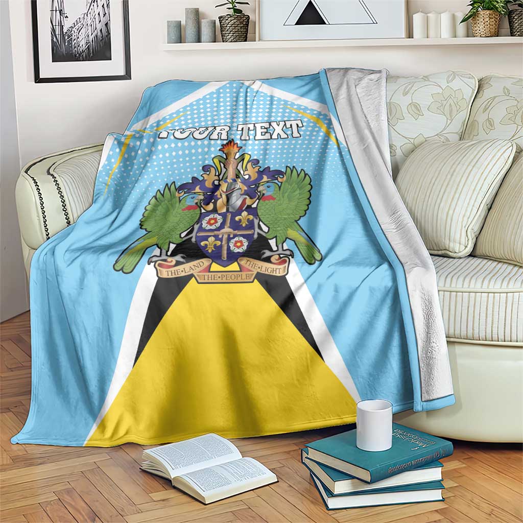 Personalized blue blanket with crest, yellow panel, white border and 'YOUR TEXT'