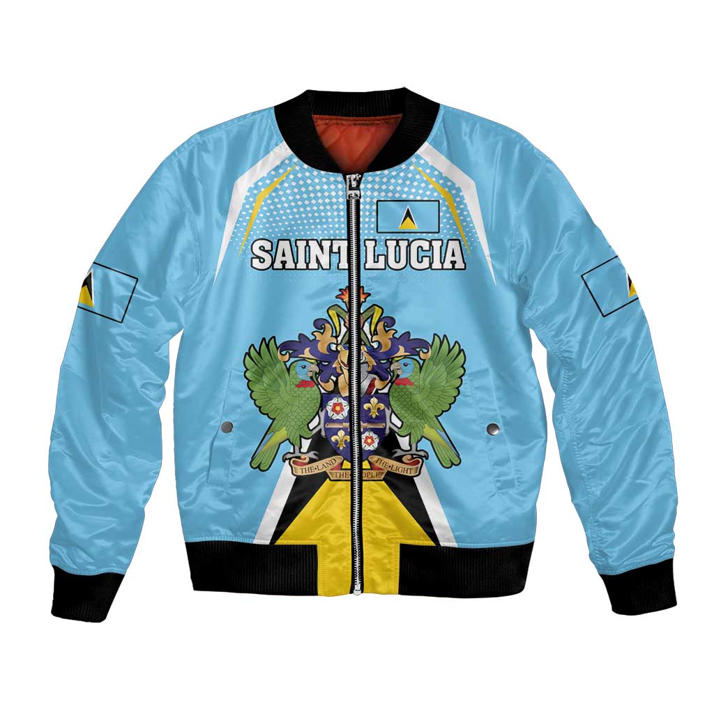 Personalized Saint Lucia Coat Of Arms Bomber Jacket Sent Lisi Flag Style - Wonder Print Shop