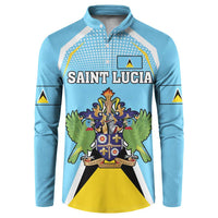 Blue button sweatshirt with SAINT LUCIA text and coat of arms crest graphic