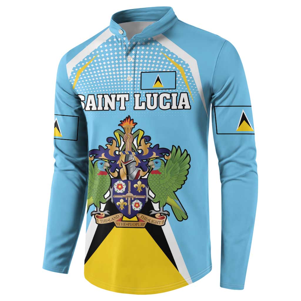 Blue button sweatshirt with SAINT LUCIA text and coat of arms crest