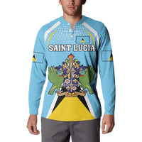 Blue button sweatshirt with SAINT LUCIA text and coat of arms crest graphic