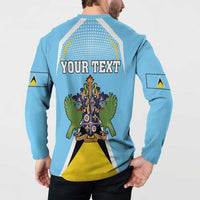 Blue button sweatshirt, back shows YOUR TEXT over coat of arms
