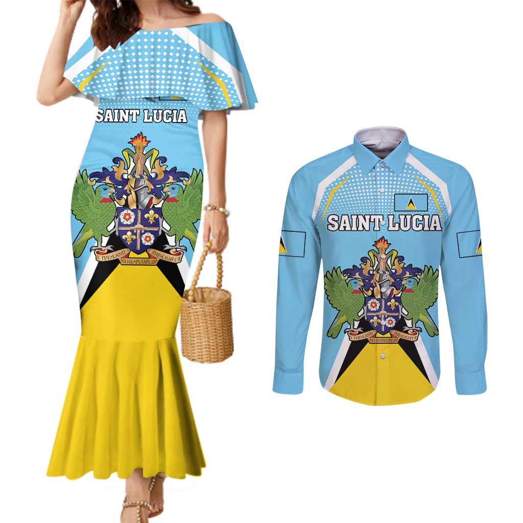 Personalized Saint Lucia Coat Of Arms Couples Matching Mermaid Dress and Long Sleeve Button Shirt Sent Lisi Flag Style