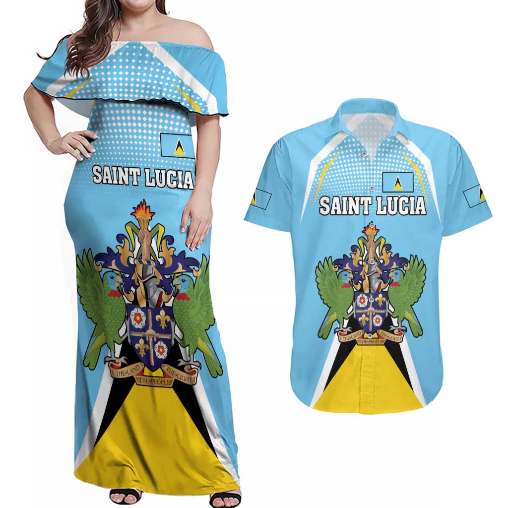 Personalized Saint Lucia Coat Of Arms Couples Matching Off Shoulder Maxi Dress and Hawaiian Shirt Sent Lisi Flag Style - Wonder Print Shop