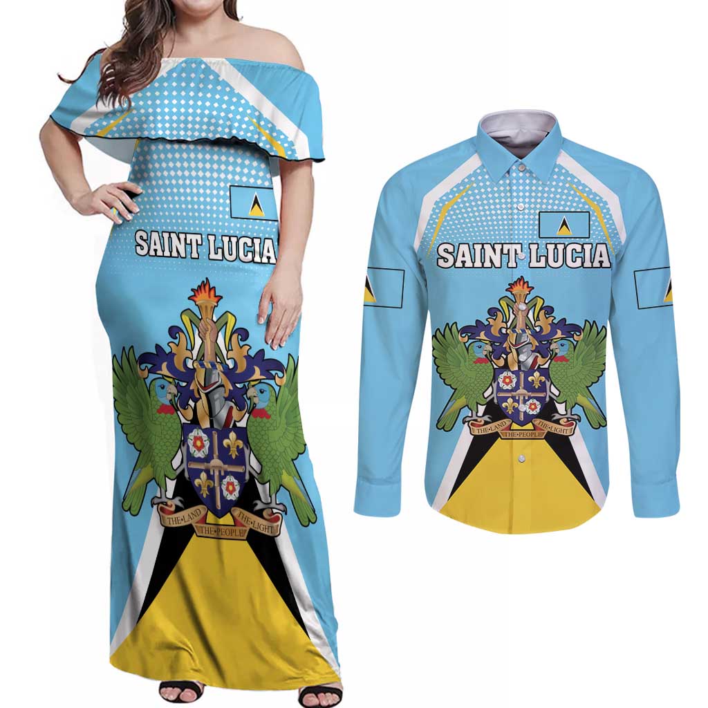 Personalized Saint Lucia Coat Of Arms Couples Matching Off Shoulder Maxi Dress and Long Sleeve Button Shirt Sent Lisi Flag Style - Wonder Print Shop