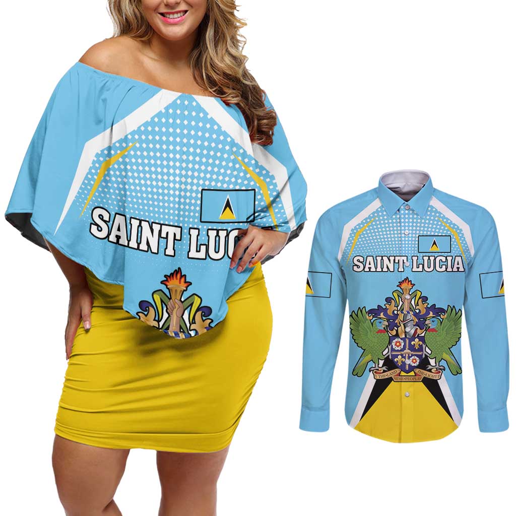 Personalized Saint Lucia Coat Of Arms Couples Matching Off Shoulder Short Dress and Long Sleeve Button Shirt Sent Lisi Flag Style - Wonder Print Shop