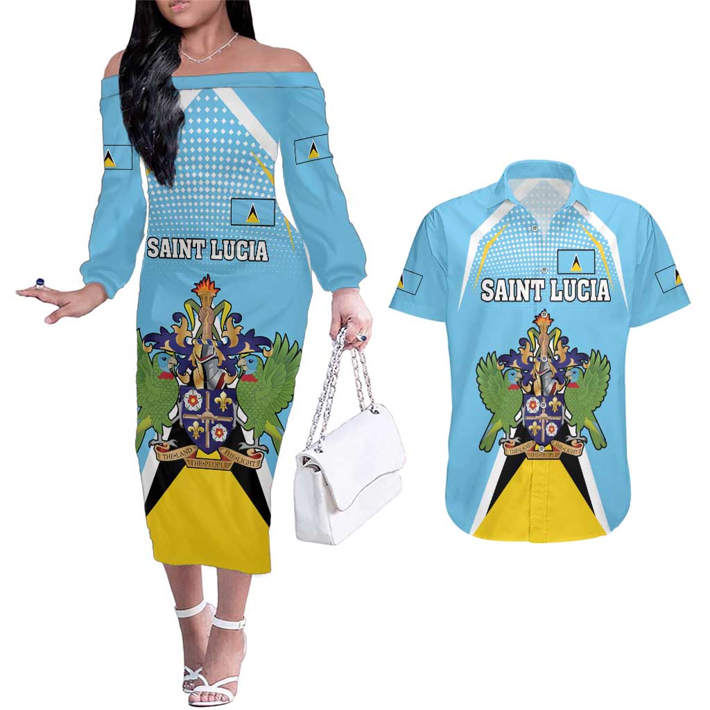 Personalized Saint Lucia Coat Of Arms Couples Matching Off The Shoulder Long Sleeve Dress and Hawaiian Shirt Sent Lisi Flag Style - Wonder Print Shop