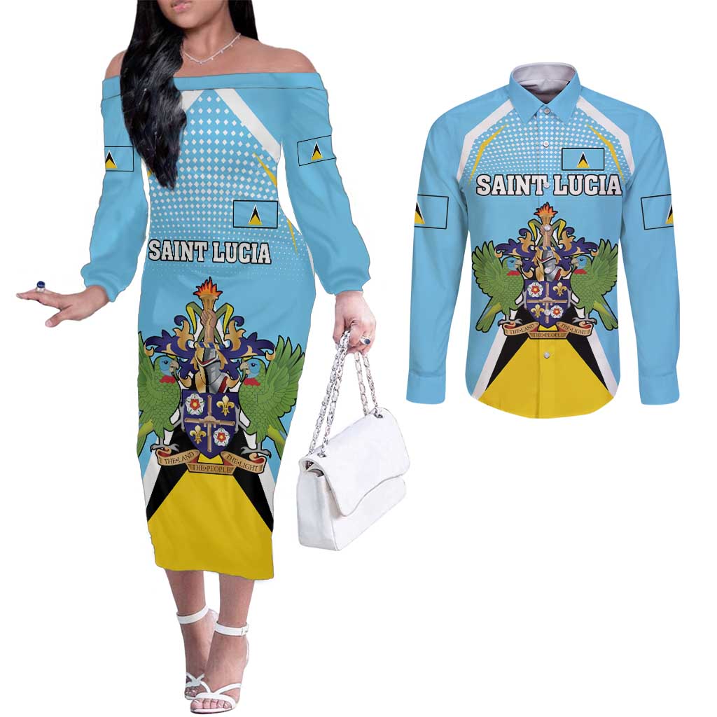 Personalized Saint Lucia Coat Of Arms Couples Matching Off The Shoulder Long Sleeve Dress and Long Sleeve Button Shirt Sent Lisi Flag Style