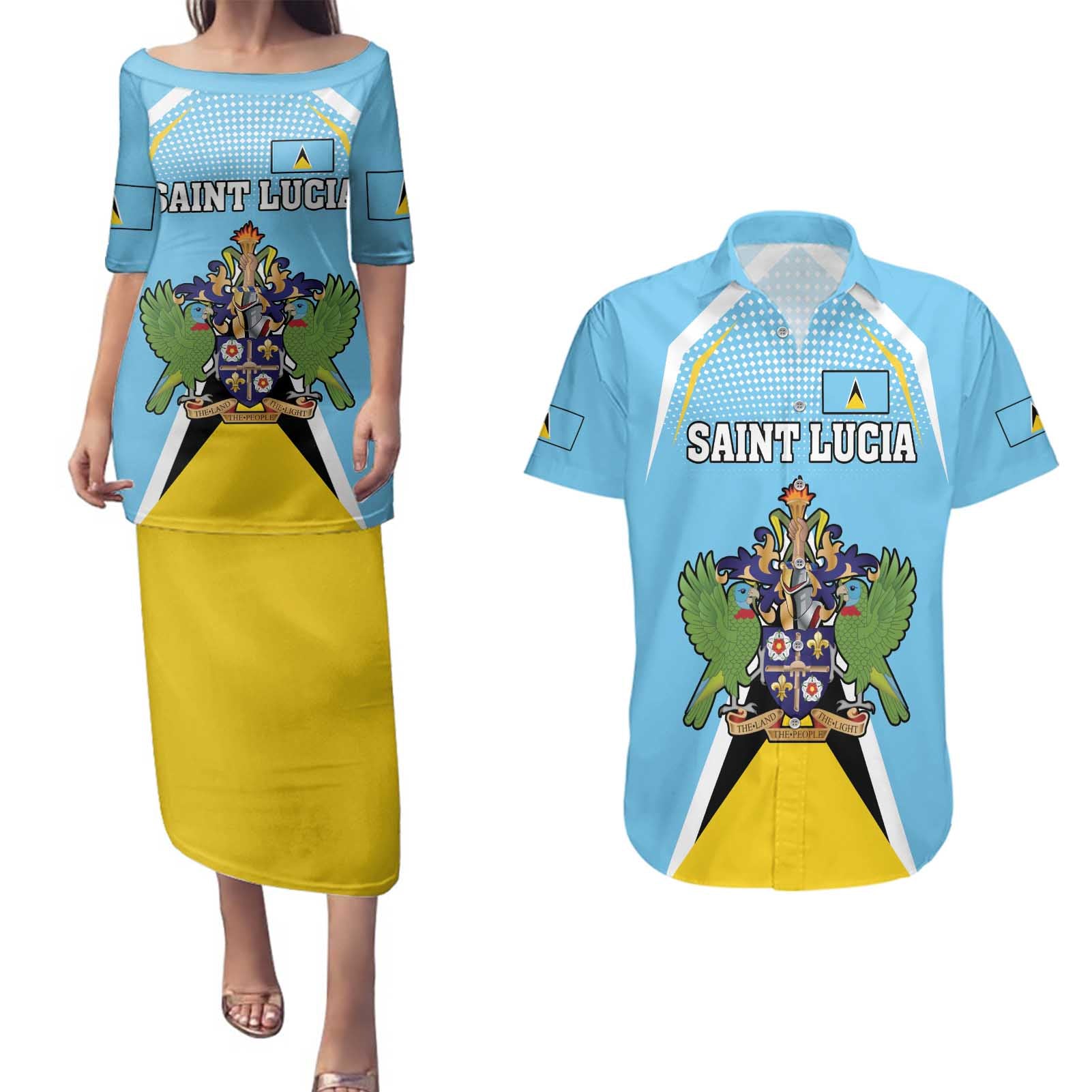 Personalized Saint Lucia Coat Of Arms Couples Matching Puletasi and Hawaiian Shirt Sent Lisi Flag Style - Wonder Print Shop