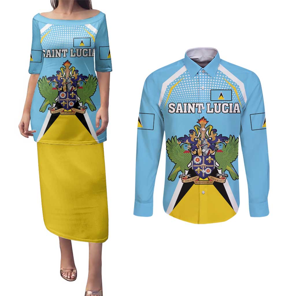 Personalized Saint Lucia Coat Of Arms Couples Matching Puletasi and Long Sleeve Button Shirt Sent Lisi Flag Style - Wonder Print Shop