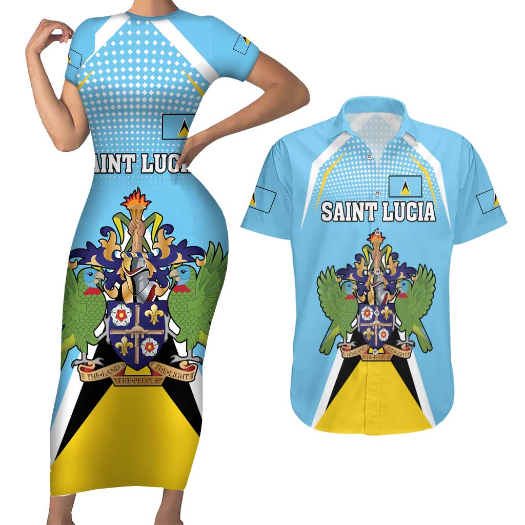 Personalized Saint Lucia Coat Of Arms Couples Matching Short Sleeve Bodycon Dress and Hawaiian Shirt Sent Lisi Flag Style - Wonder Print Shop