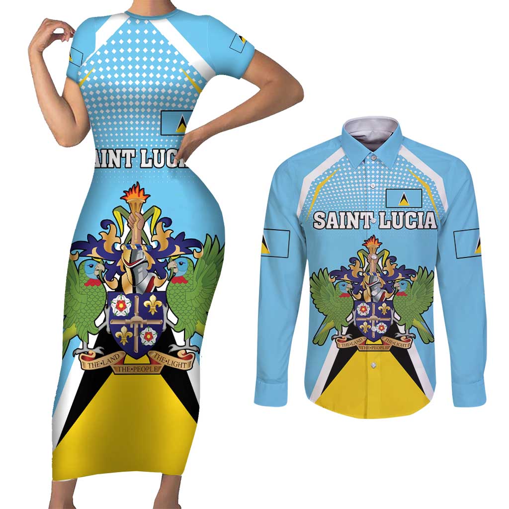 Personalized Saint Lucia Coat Of Arms Couples Matching Short Sleeve Bodycon Dress and Long Sleeve Button Shirt Sent Lisi Flag Style - Wonder Print Shop