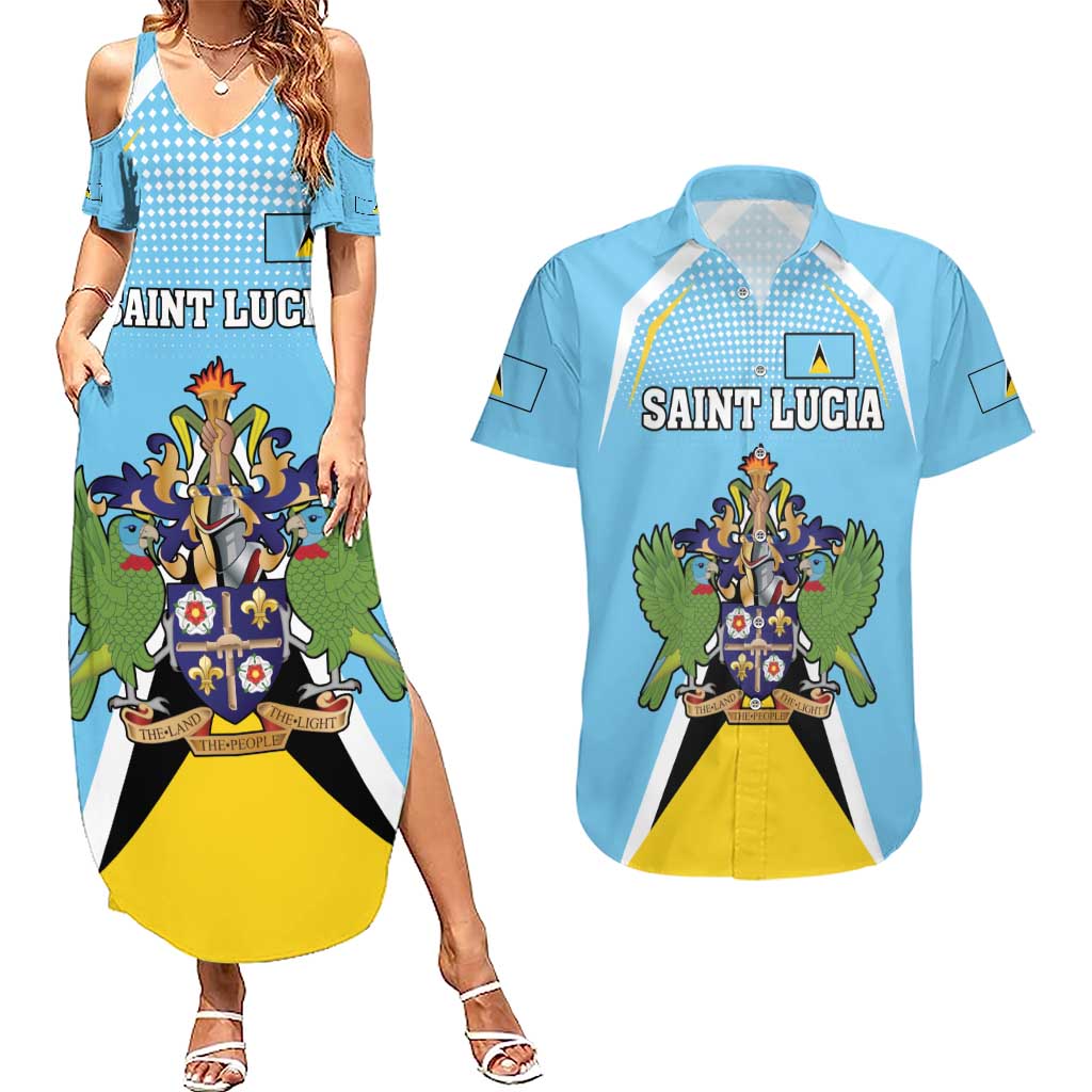 Personalized Saint Lucia Coat Of Arms Couples Matching Summer Maxi Dress and Hawaiian Shirt Sent Lisi Flag Style - Wonder Print Shop