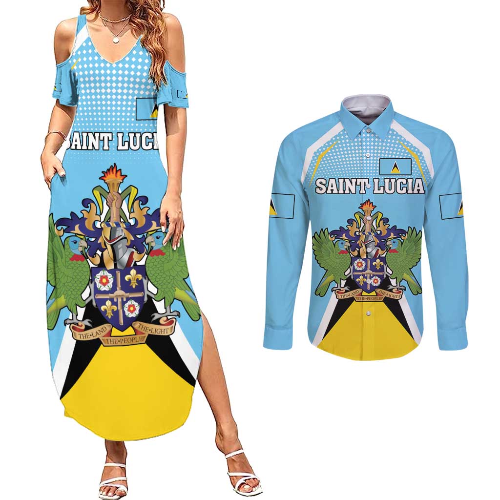 Personalized Saint Lucia Coat Of Arms Couples Matching Summer Maxi Dress and Long Sleeve Button Shirt Sent Lisi Flag Style - Wonder Print Shop