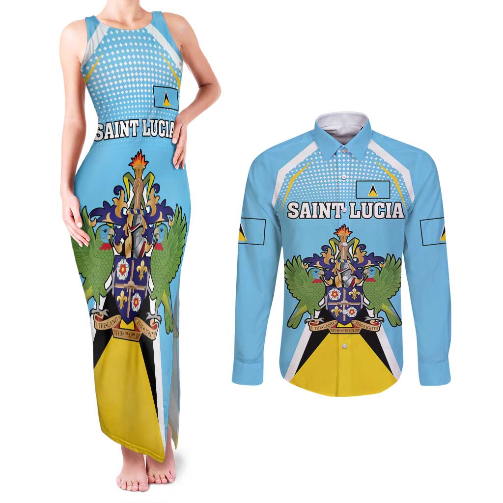 Personalized Saint Lucia Coat Of Arms Couples Matching Tank Maxi Dress and Long Sleeve Button Shirt Sent Lisi Flag Style - Wonder Print Shop