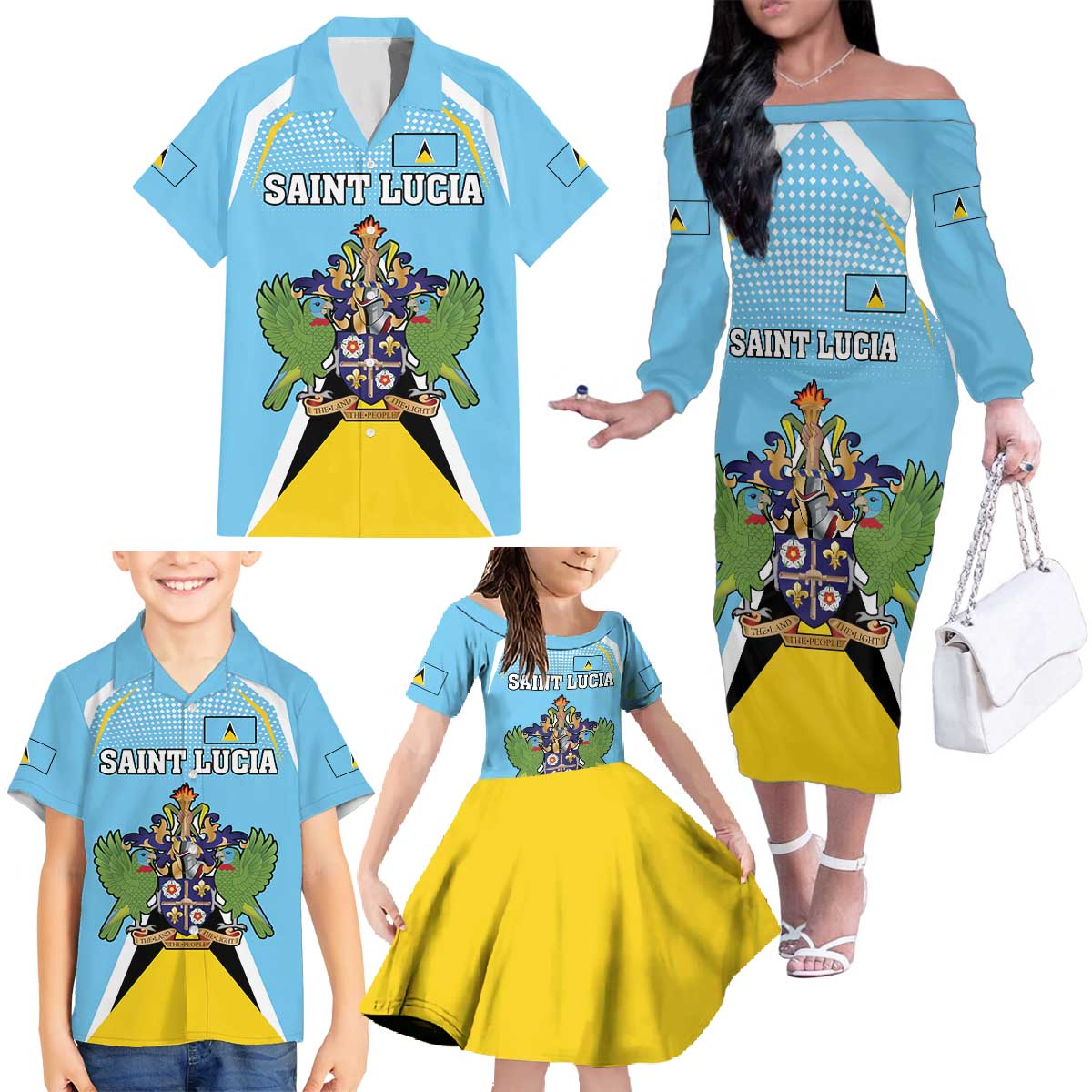 Personalized Saint Lucia Coat Of Arms Family Matching Off The Shoulder Long Sleeve Dress and Hawaiian Shirt Sent Lisi Flag Style - Wonder Print Shop