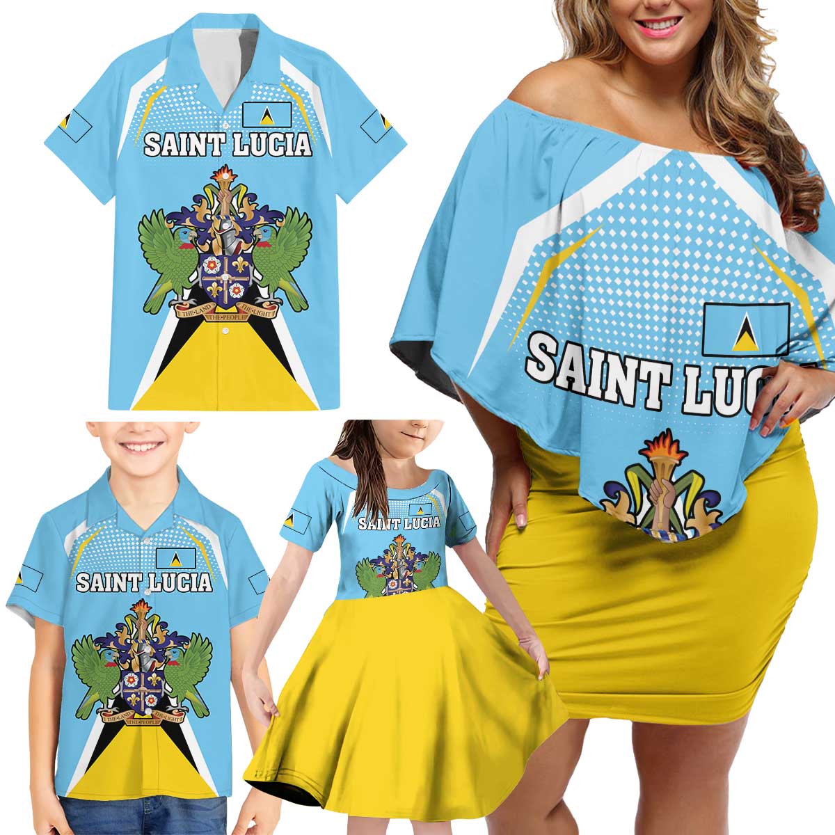 Personalized Saint Lucia Coat Of Arms Family Matching Off Shoulder Short Dress and Hawaiian Shirt Sent Lisi Flag Style - Wonder Print Shop