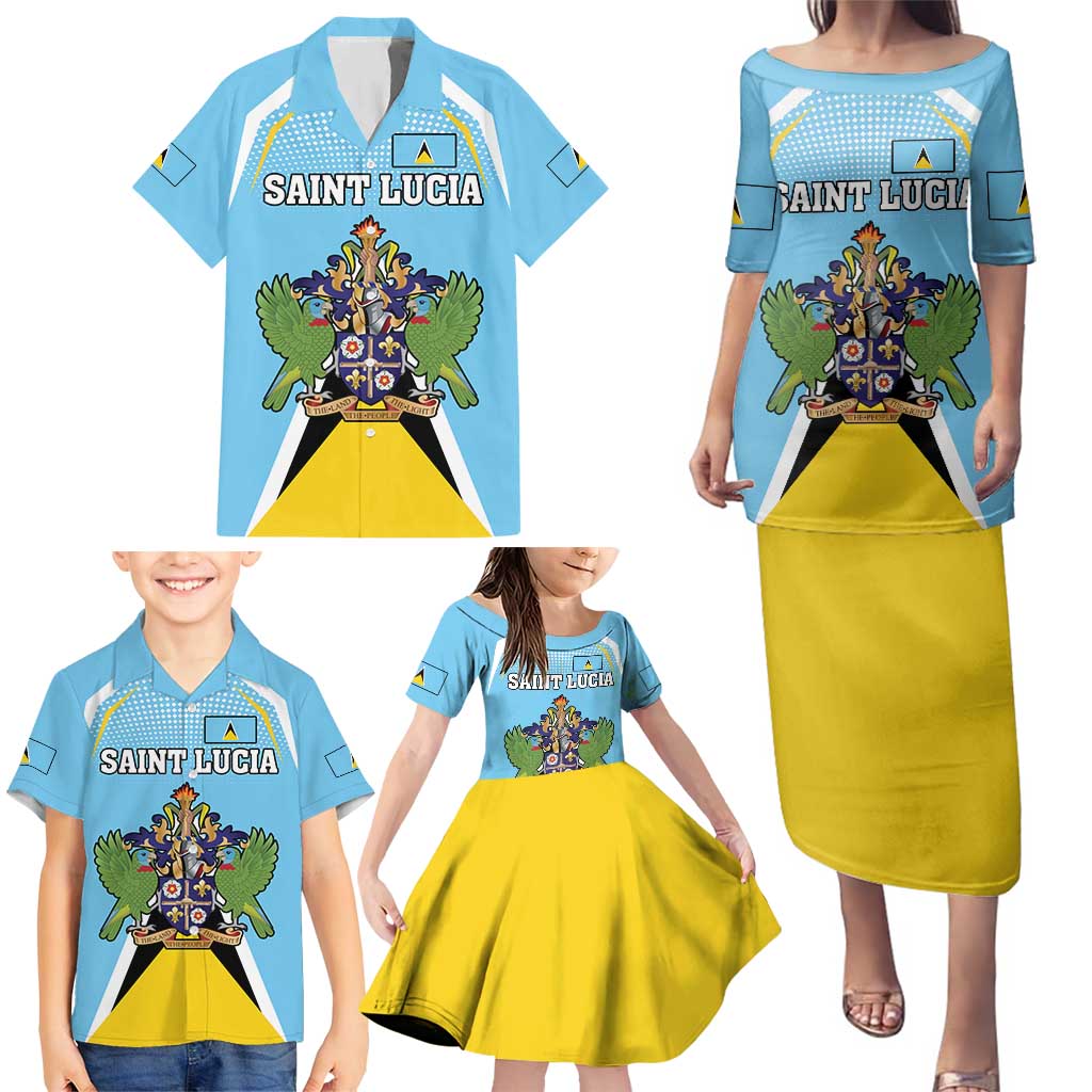 Personalized Saint Lucia Coat Of Arms Family Matching Puletasi and Hawaiian Shirt Sent Lisi Flag Style - Wonder Print Shop