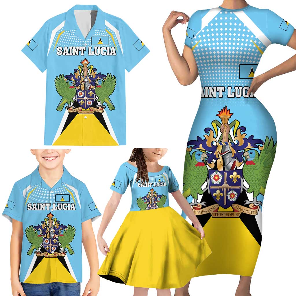 Personalized Saint Lucia Coat Of Arms Family Matching Short Sleeve Bodycon Dress and Hawaiian Shirt Sent Lisi Flag Style - Wonder Print Shop