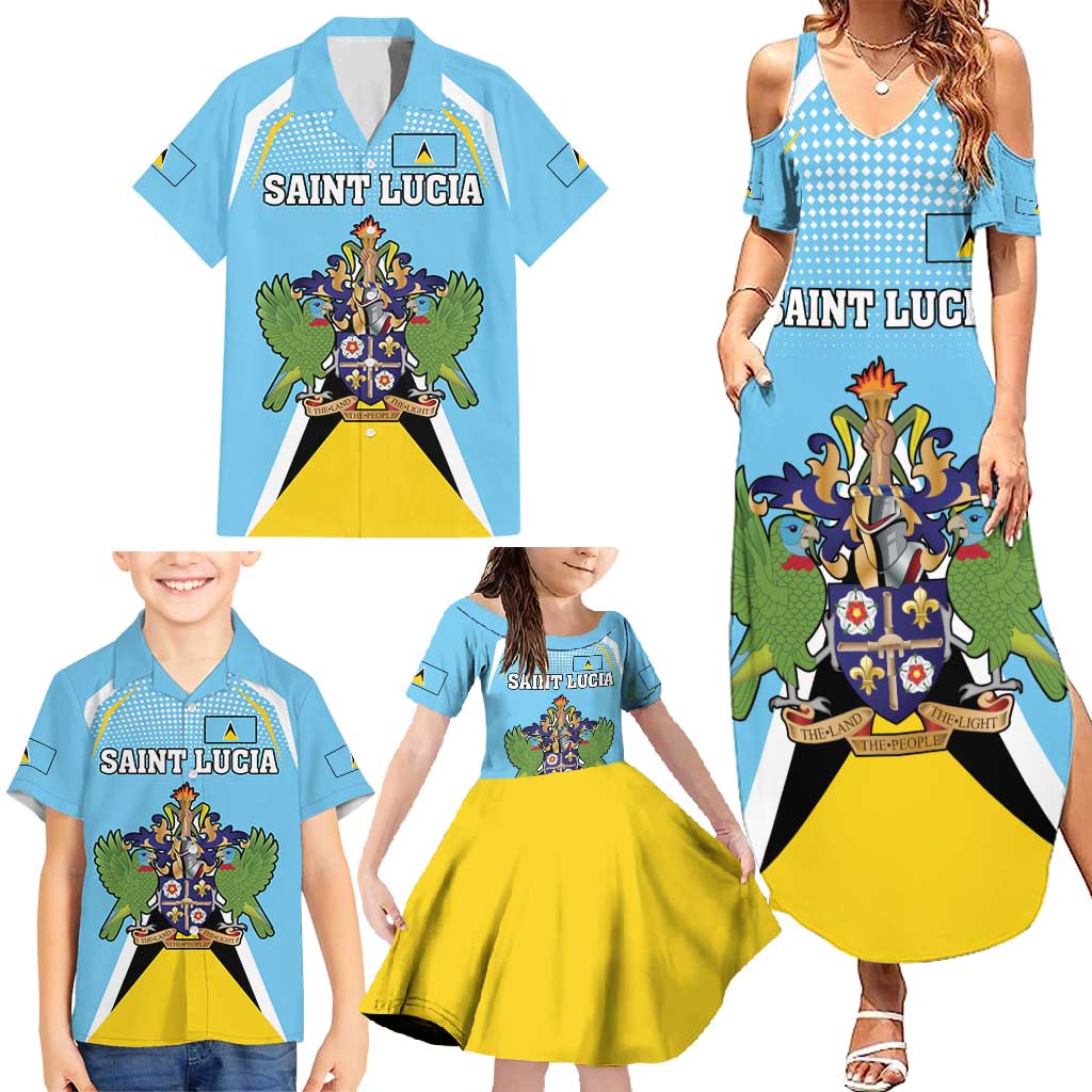 Personalized Saint Lucia Coat Of Arms Family Matching Summer Maxi Dress and Hawaiian Shirt Sent Lisi Flag Style - Wonder Print Shop