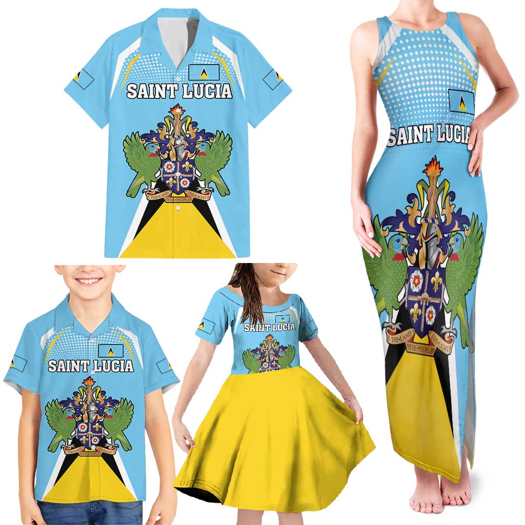 Personalized Saint Lucia Coat Of Arms Family Matching Tank Maxi Dress and Hawaiian Shirt Sent Lisi Flag Style - Wonder Print Shop