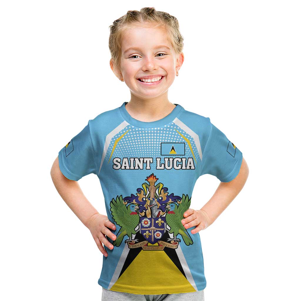 Personalized Saint Lucia Coat Of Arms Kid T Shirt Sent Lisi Flag Style - Wonder Print Shop