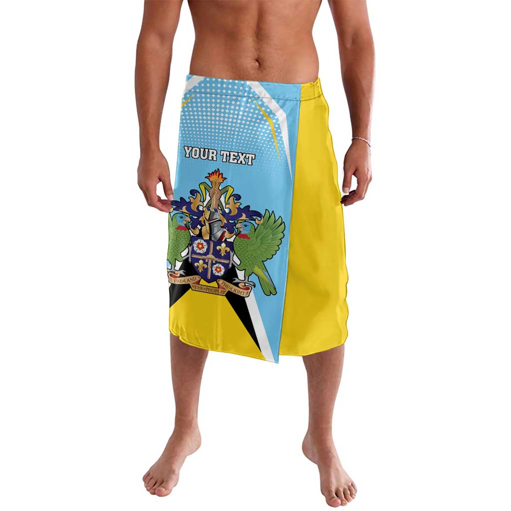 Blue and yellow printed lavalava skirt with crest graphic and text panel