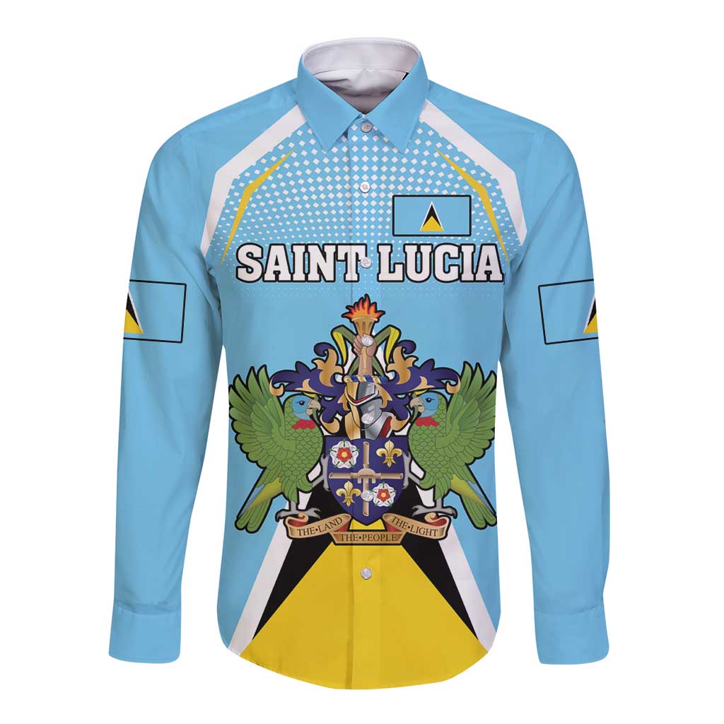 Blue long-sleeve button-up shirt with crest and Saint Lucia text front