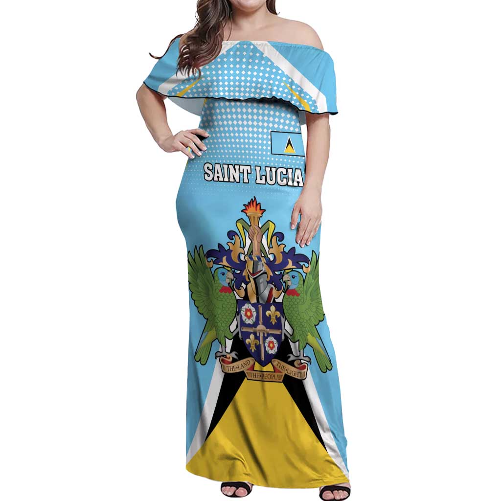 Personalized Saint Lucia Coat Of Arms Off Shoulder Maxi Dress Sent Lisi Flag Style - Wonder Print Shop